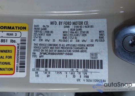 2024 Ford Bronco Sport Big Bend z USA, uszkodzony, nr VIN 3FMCR9B65RRF15660